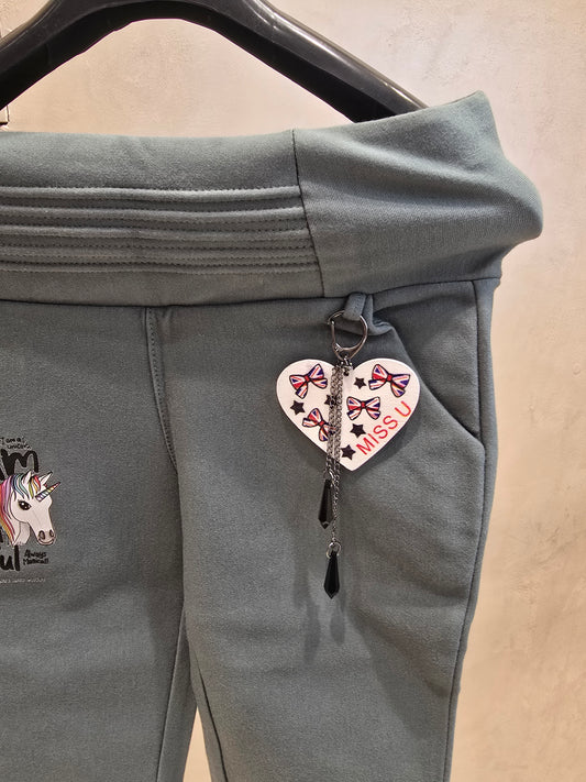 Girls Rayon Capri Pant in Sea Green with Left Side Key Chain Detail and Right Side Unicorn Rubber Print for Summer Casual Wear