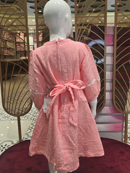 Peach Pink Pure Cotton Short Frock for Girls with White Cutwork Border, Neck Detailing and Small Latkan