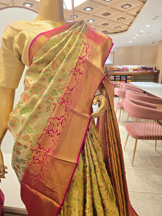 Handloom Pure Kanjivaram Tissue Silk Saree with Floral Mina Work and Mango Design Border