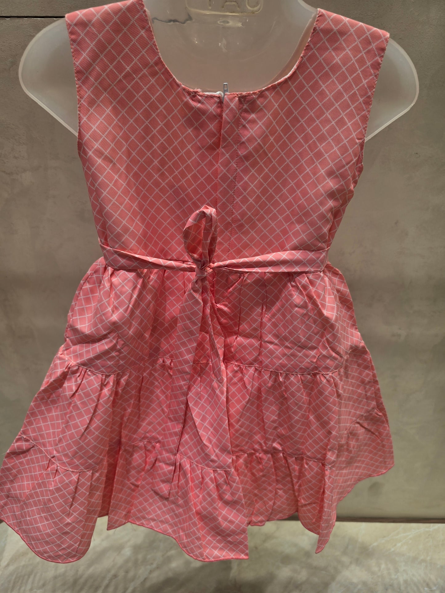 Baby Pink Cotton Checked Short Frock with Waist Bow – Sleeveless Summer Casual Wear for Girls