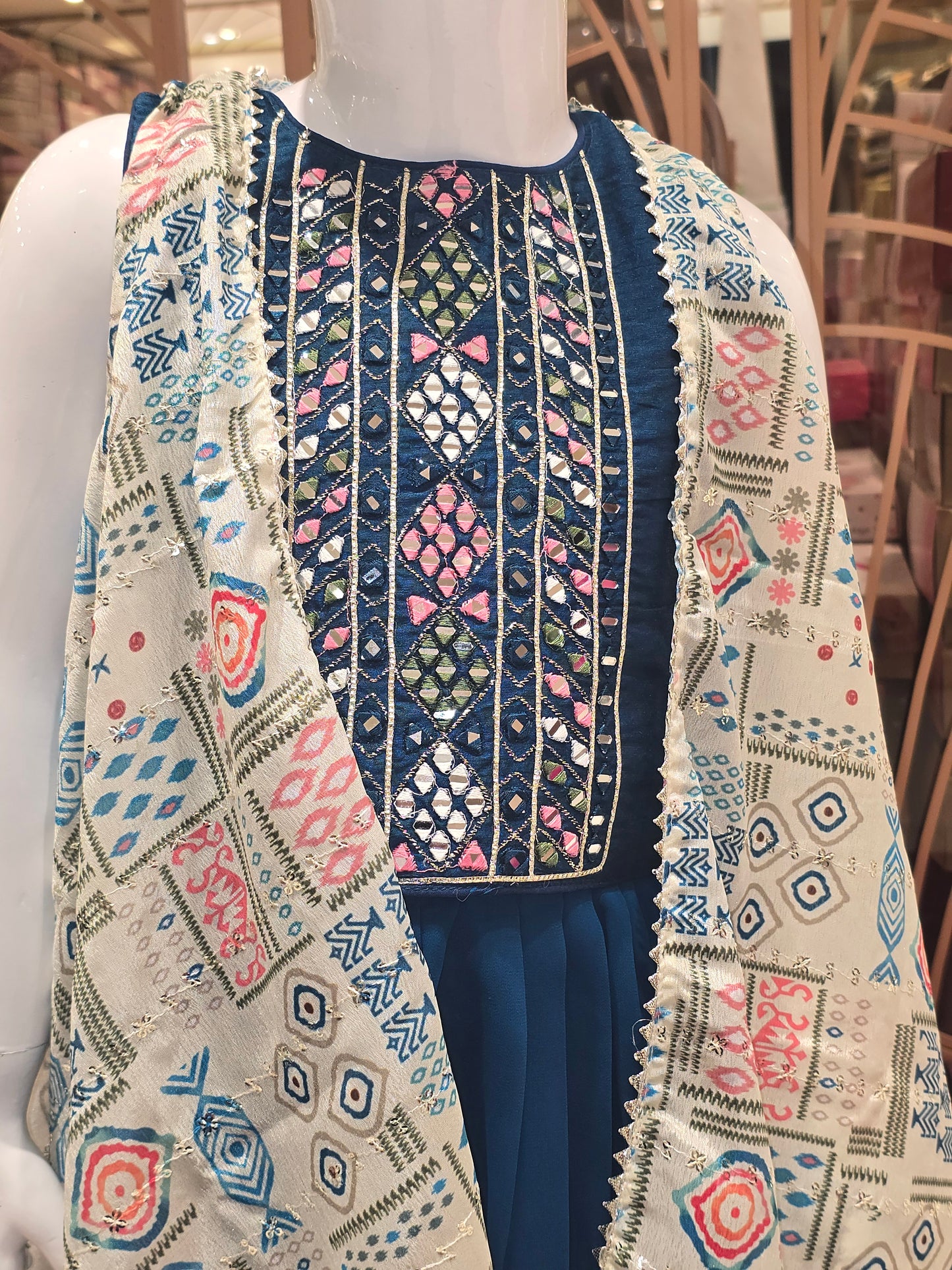 Girl Peacock Blue Crepe Mirror Work Plazo Set