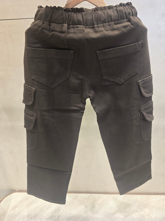 Black Colored Cotton Cargo Pants with 6-Pocket Round Elastic Tie Waist