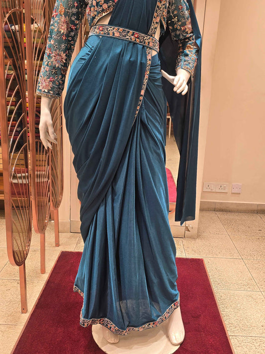 Teal Blue Indo-Western Pre-Draped Saree Set