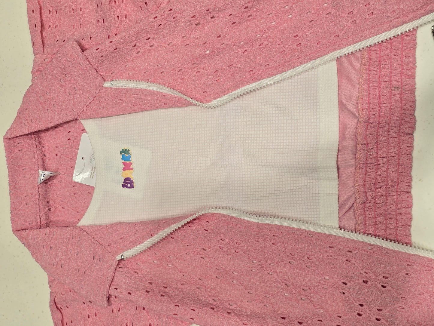 light pink schiffli (eyelet) embroidered kids' zip-up jacket,