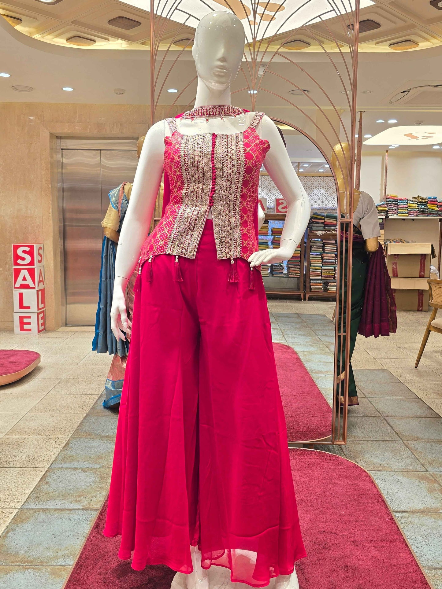 Banarasi georgette material cherry pink color indowestren set