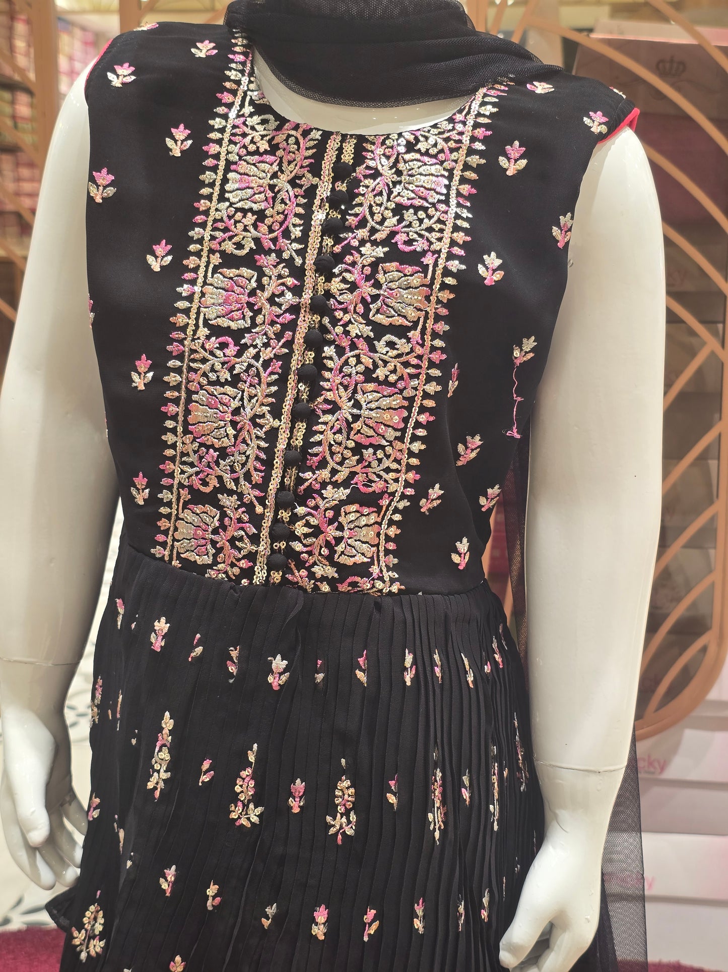 Girl Black Embroidered Chiffon Ghagra Choli Set