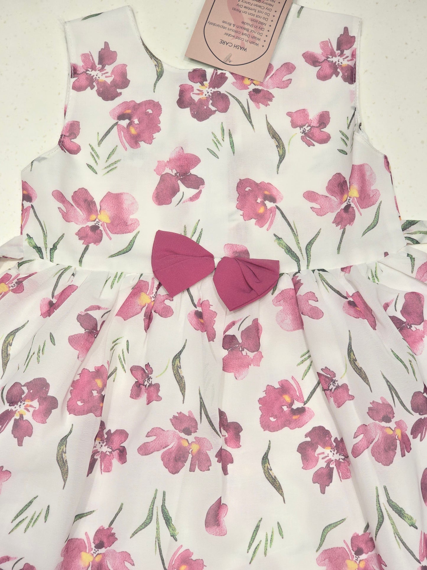 Printed cotton material baby frock with round neck
