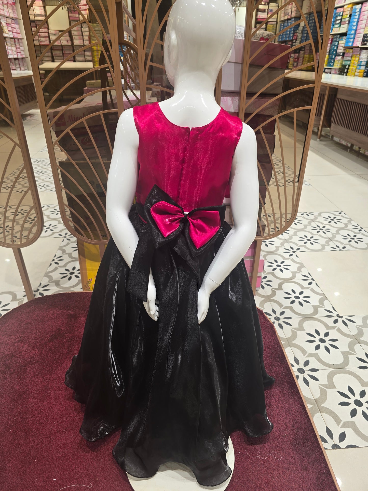 Cherry Red Satin Top with Black Bottom Gown featuring Attached Stylish Waist Belt – Party Wear for Girls (Age 5, Size 24)