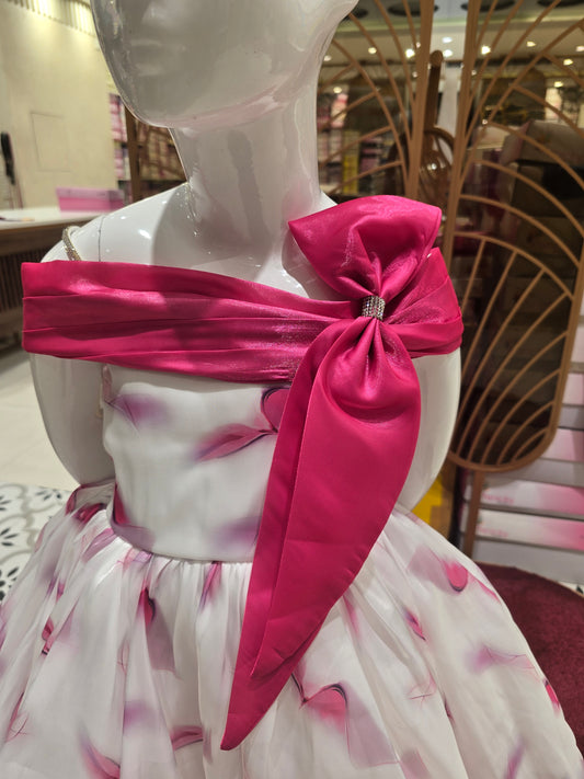 Pink & White Tissue Fabric Spaghetti Strap Party Wear Frock for Girls – Elegant Birthday & Festive Dress