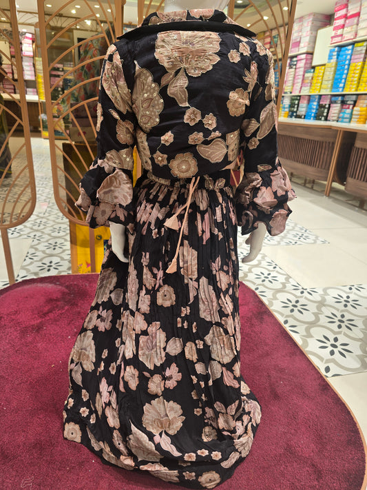 Printed Crepe Ghagra Choli with Silver Zari Embroidery & Bell Sleeves (3-Piece Party Wear Set)