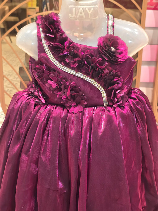 Girl Wine Colour Chiffon Flower Cut Party Gown