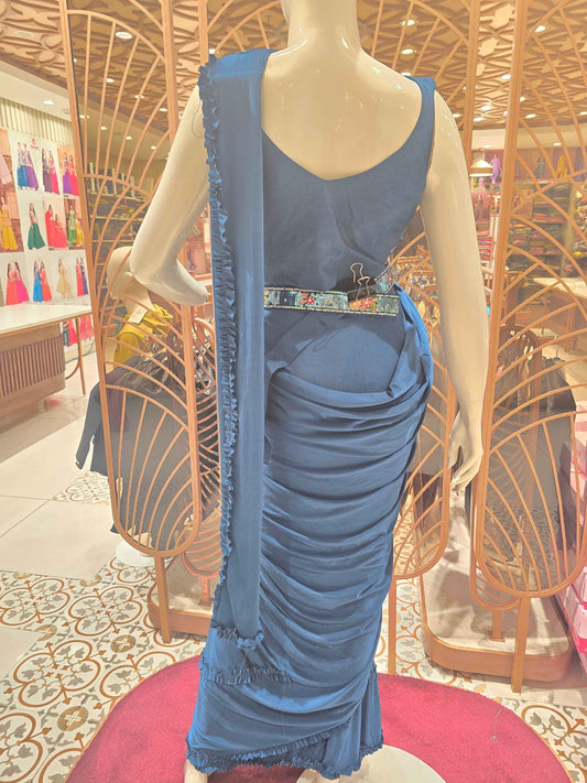 Women Teal Blue Lycra Satin Ready to Wear Saree Set