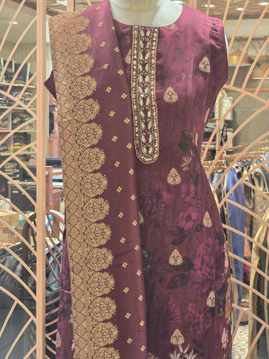 Banarasi material brown color kurta set with round neck