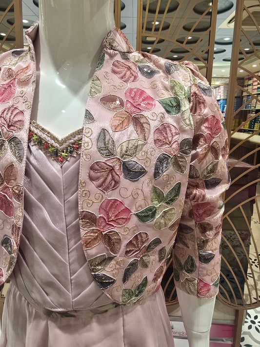 Onion Pink Organza Indo Western Palazzo Set for Girls with Crook Top, Printed Sequin & Embroidery Work – 3 Piece Ethnic Set