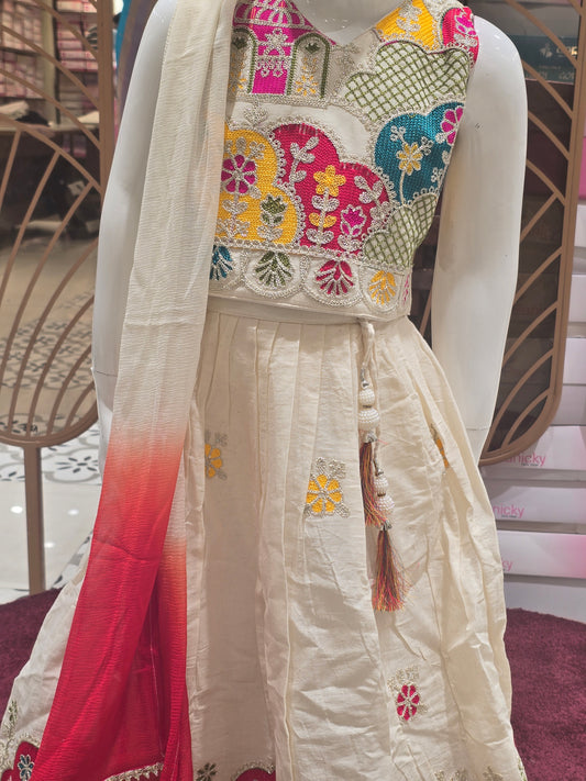 Cream Cotton Ethnic Wear Ghagra for Girls with Rich Dandiya Border Design, Embroidered Top and Dual Colored Dupatta