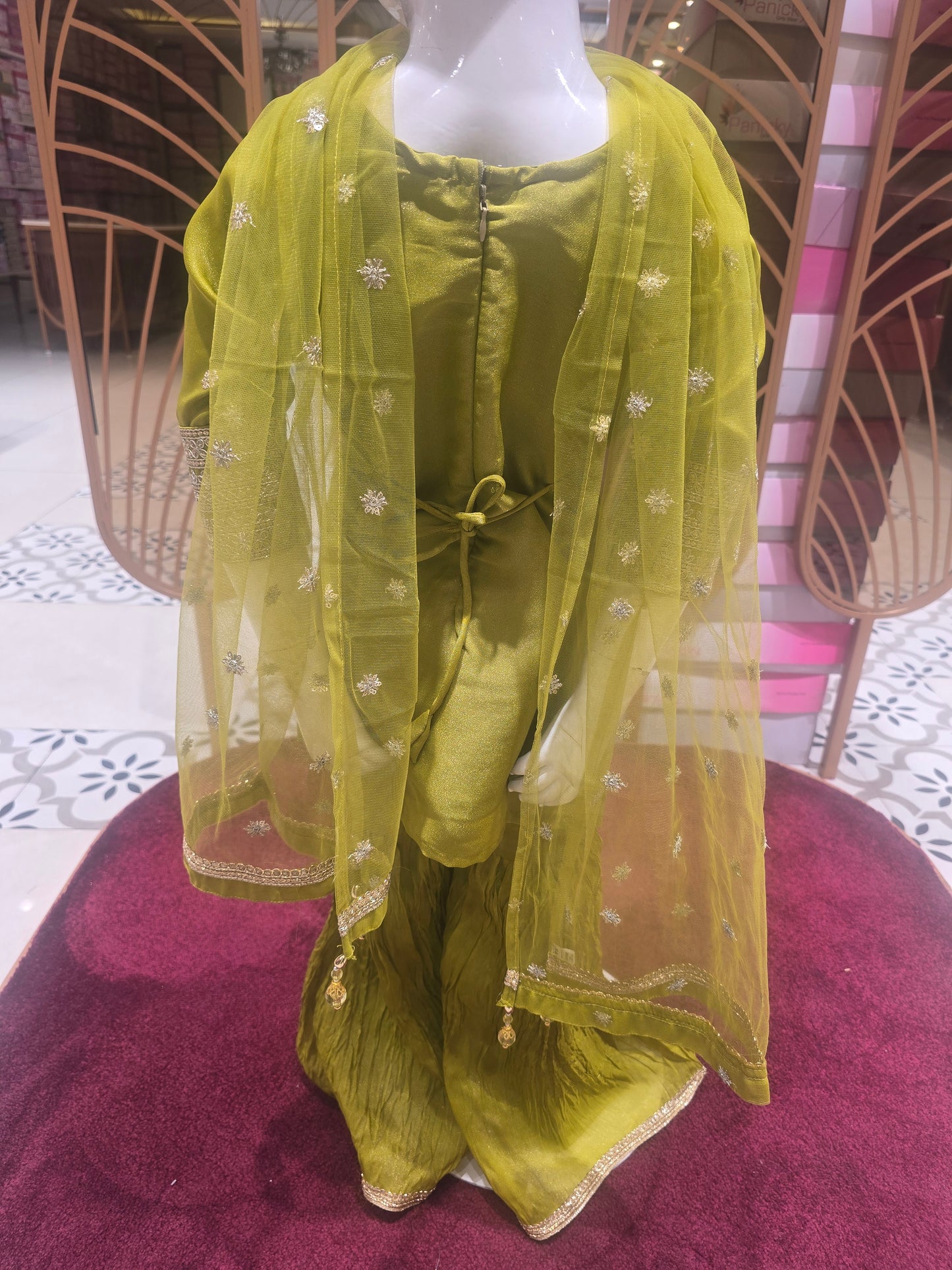 Girls Mehndi Green Tissue Sharara Set with Handworked Neck and Zari Dupatta