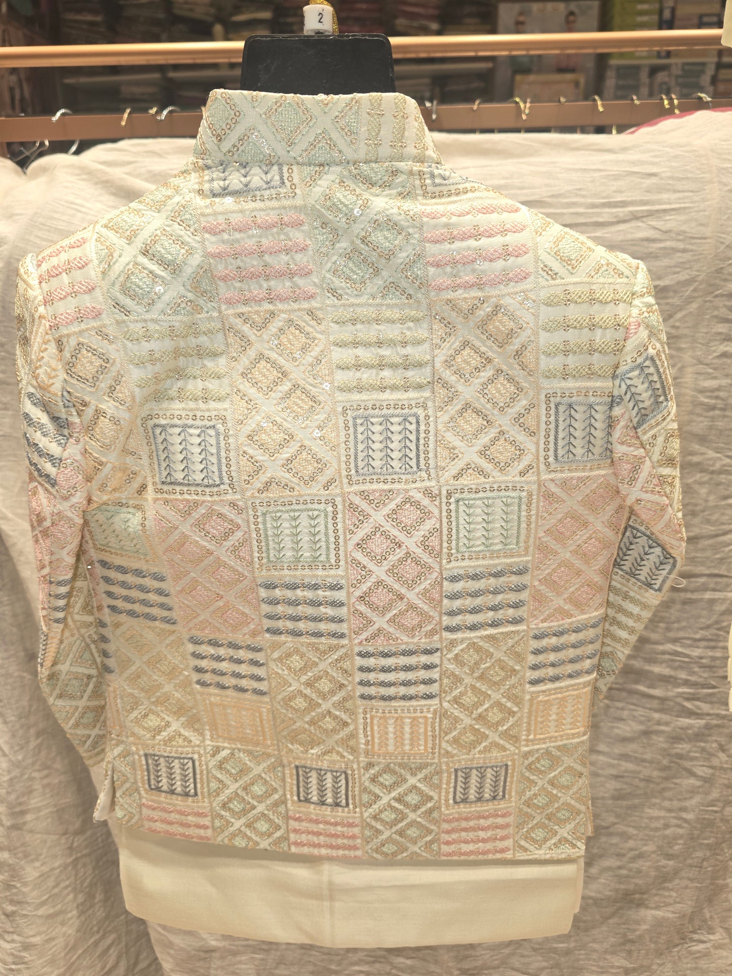 Boys Cream Dupion Silk Indo-Western Set with Multicolour Embroidery and Mala