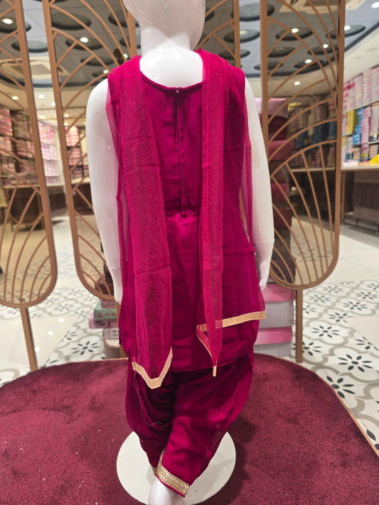 Chiffon material Rani pink colour Patiala Chudidhar with multi colour floral front embroidery