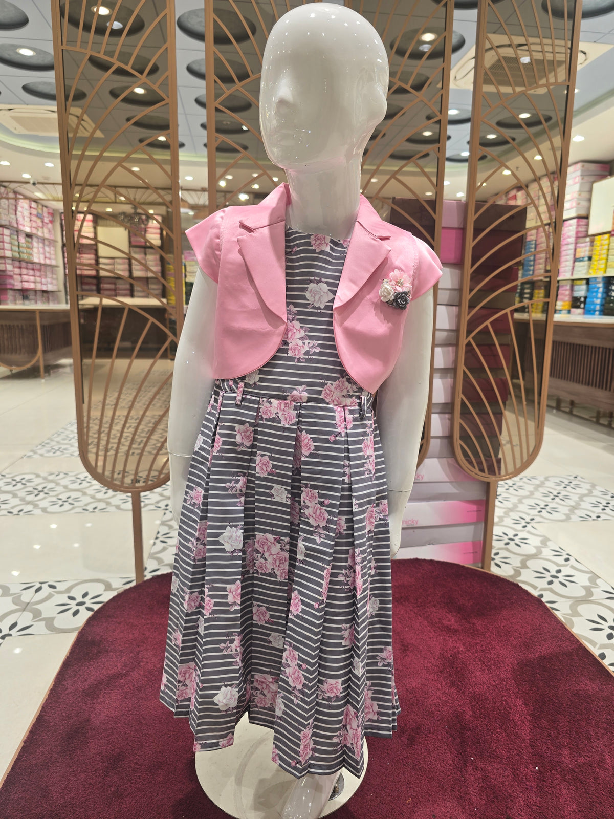 Girls Grey Floral Satin Short Frock with Striped Design and Baby Pink Detachable Jacket