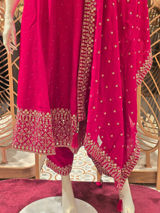 Semi silk material Rani pink colour anarkali set with speghetti neck
