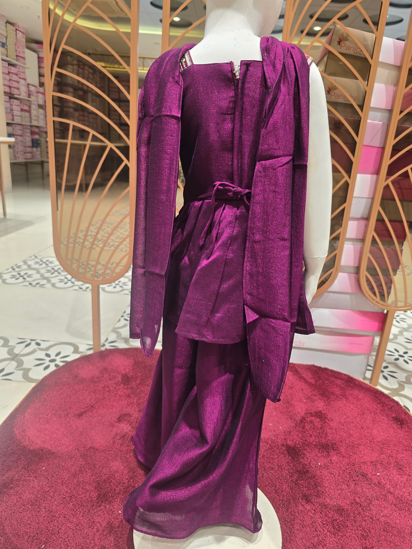 Girls Wine Crepe Sharara Set with Multicolour Embroidery