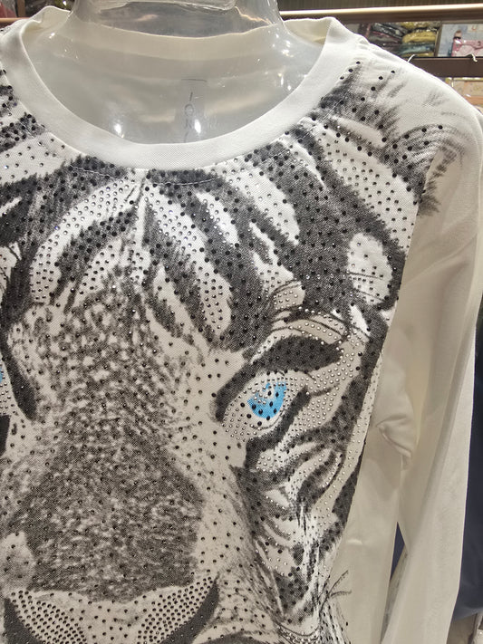 White colored Imported digital lion with stone print full sleeve t-shirt