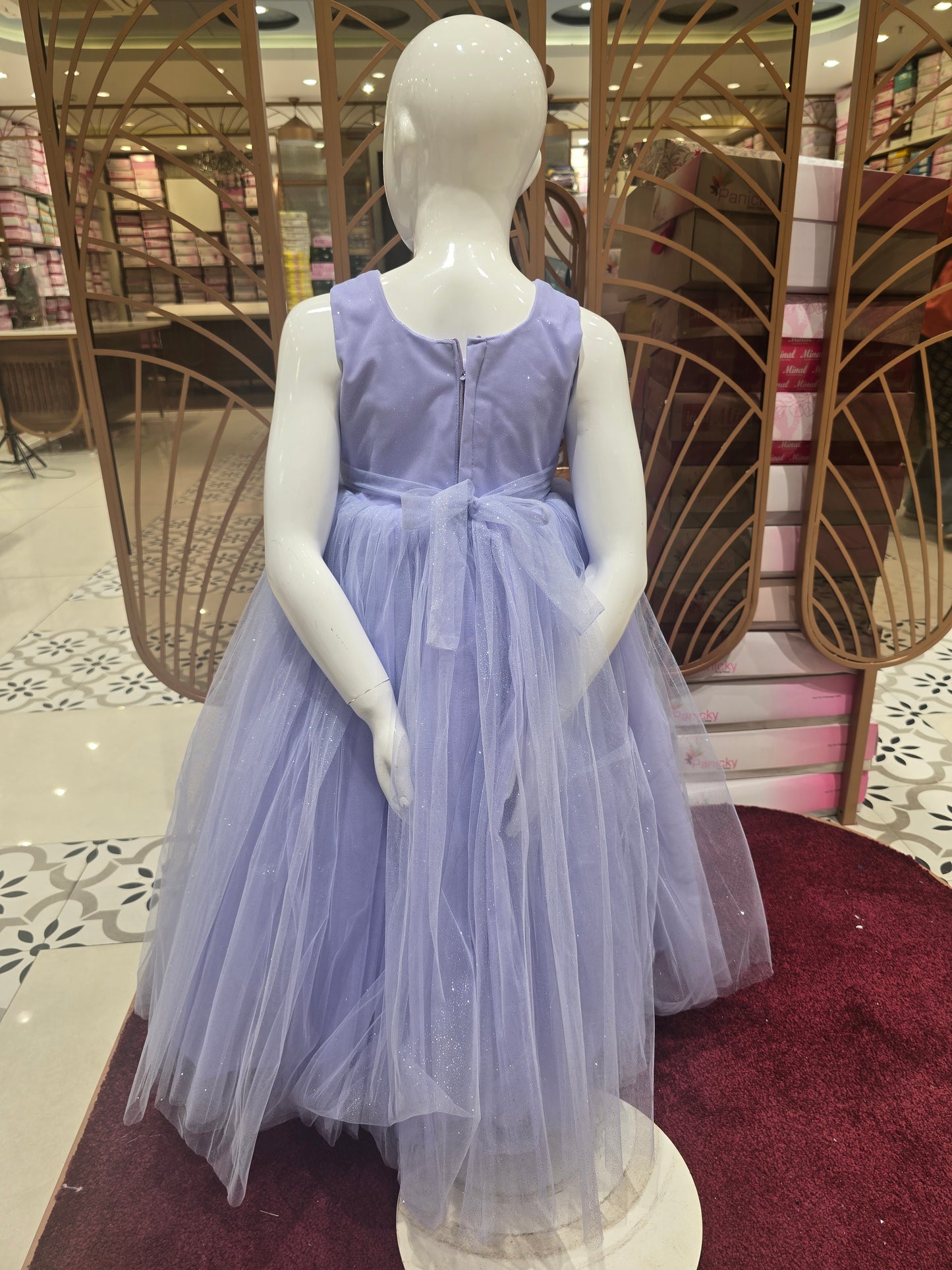 Glittery Netted Light Purple Party Wear Gown with Silver Bow Belt & Stylish Designed Top – Girls (Age 5, Size 24)