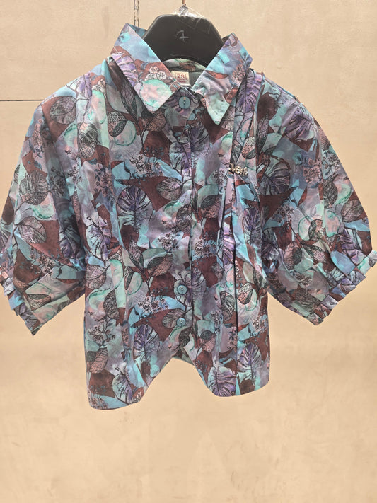 Girl Multi Leaf Printed Satin Western Shirt