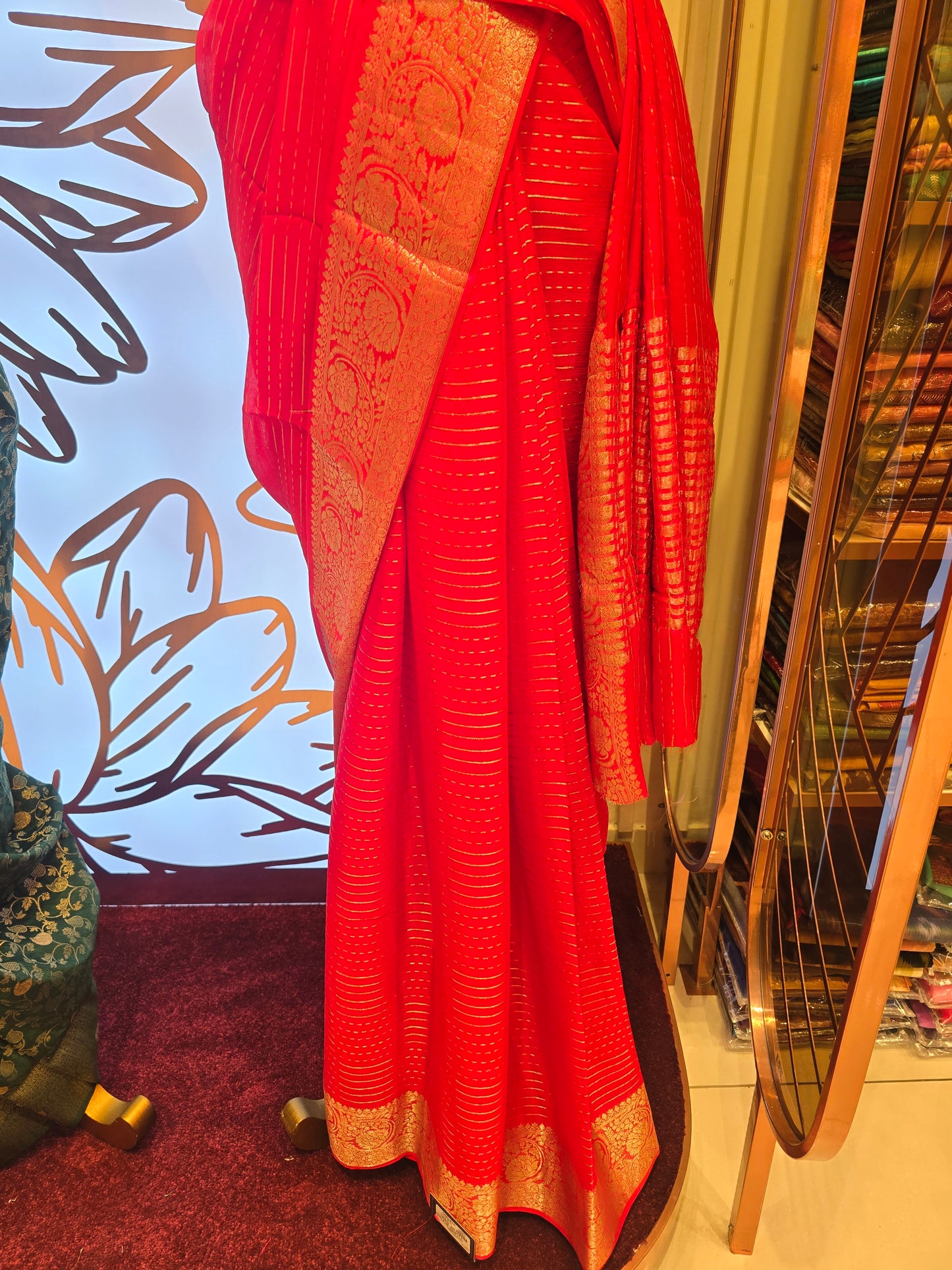Cherry Red Chiffon Saree with Horizontal Lines and Traditional Gatti Border