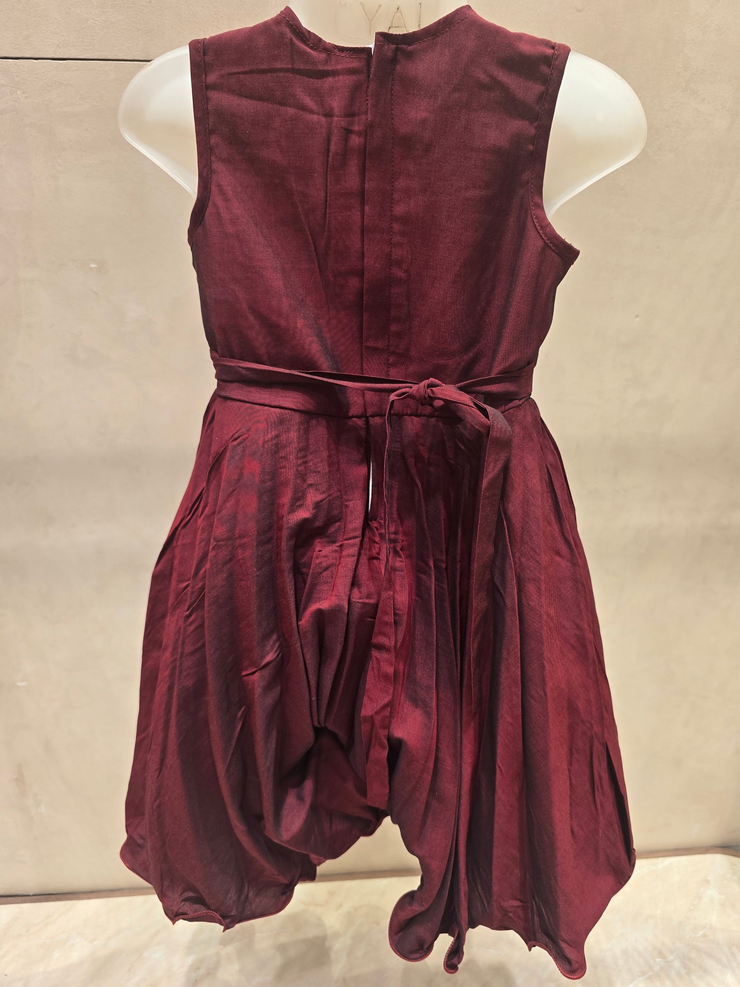 Maroon Georgette Crush Frock with Bow | Sleeveless Short Frock