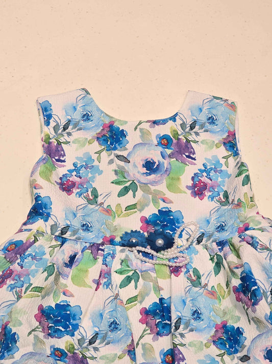 White Cotton Baby Frock for Girls with Watercolor Floral Print