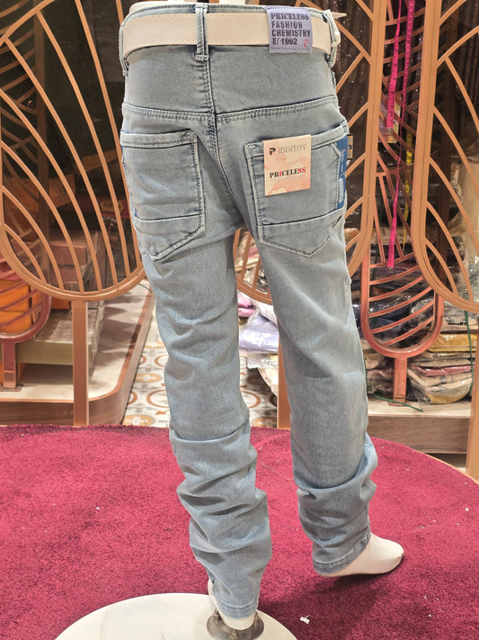 Eye Blue Silky Denim Jeans for Boys with Four Pocket Design and Round Elastic Waistband