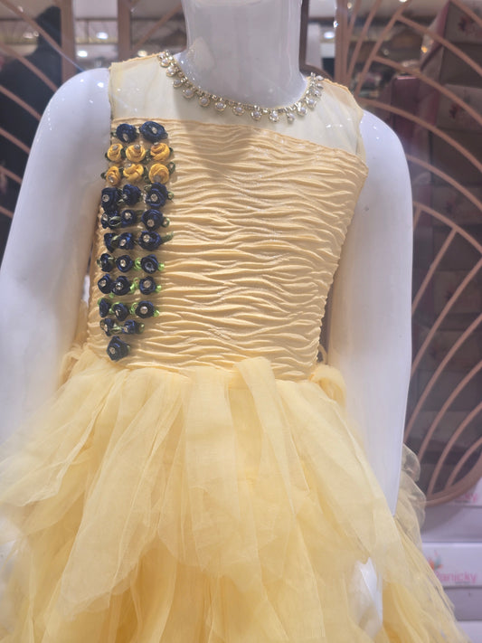 Girls Lemon Yellow Knitted Short Frock with Rose Stone Detail