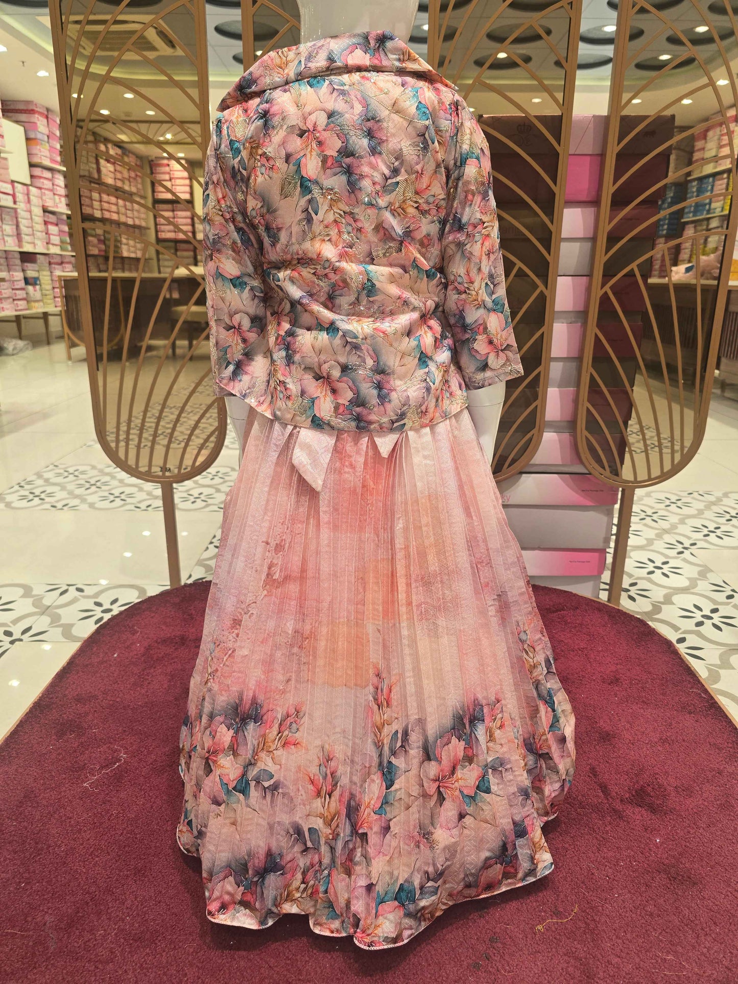 Girl Peach Multi Floral Printed Crepe Gown