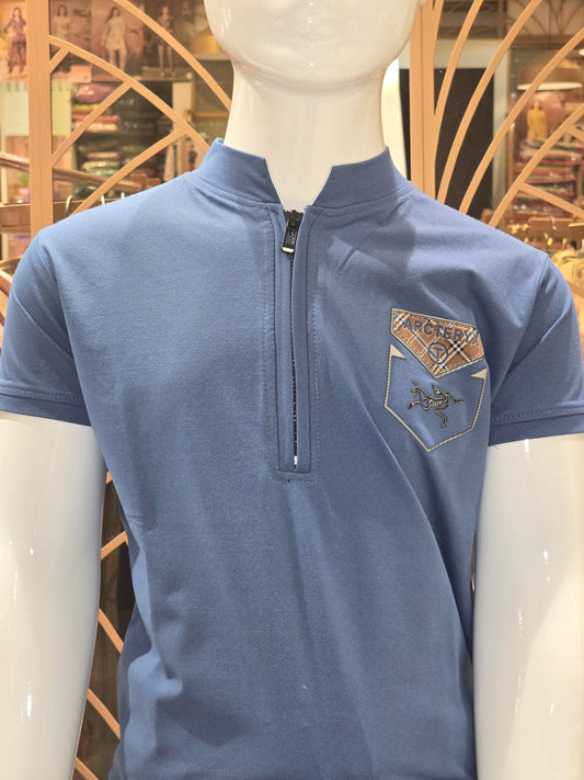 Boys Denim Blue Lycra I Neck T Shirt