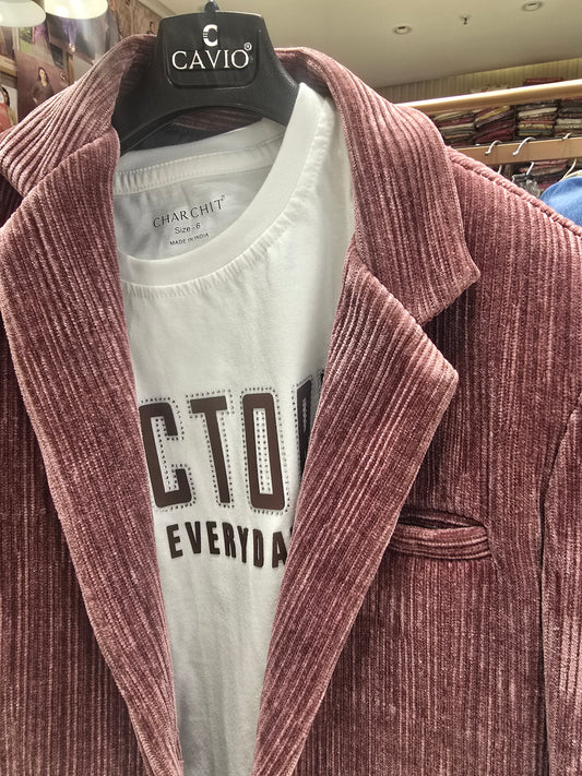 Boys Codroy Blazer Set in Onion Pink with Three Pocket Design, Two Button Styling and Printed White T-Shirt for Party and Occasion Wear