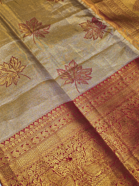 Exclusive Handloom Kanchivaram Tissue Silk Saree with Leaf Thread Work & Rich Pallu – Wedding Special