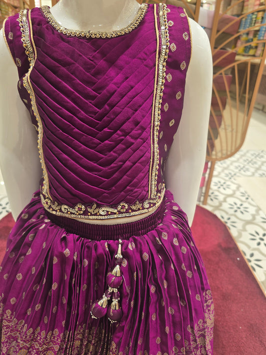 Girls Magenta Shiffon Traditional Skirt & Top Set – Handwork Neck & Waist Ethnic Wear (2pcs)