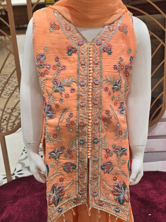 Girls Peach Crepe V Neck Sharara Set