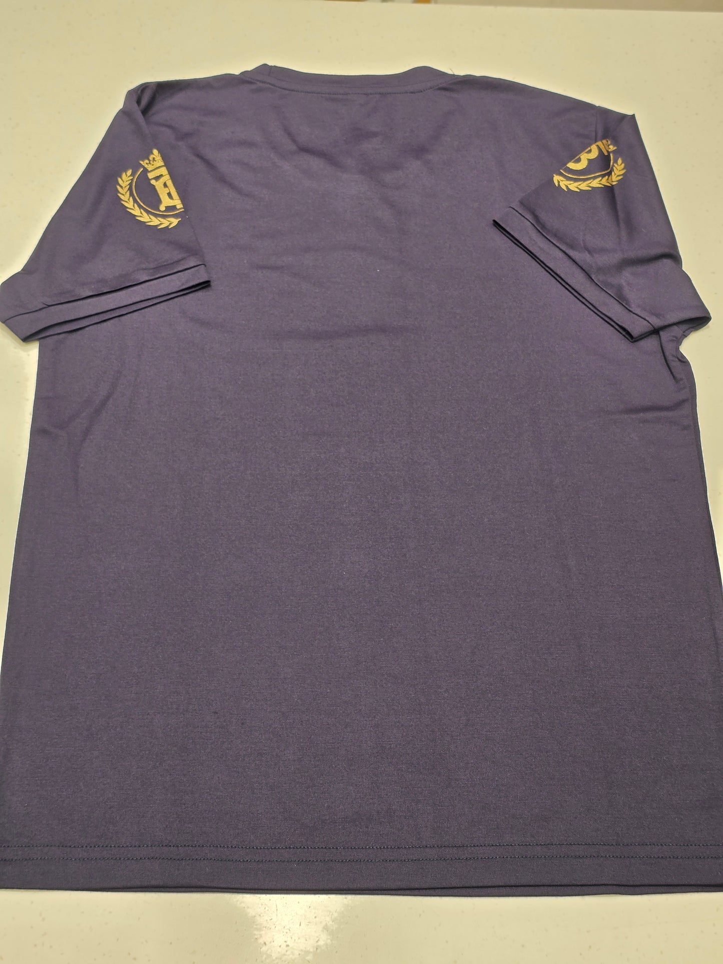 navy blue t-shirt featuring a stylized graphic inspired by the luxury brand Burberry.