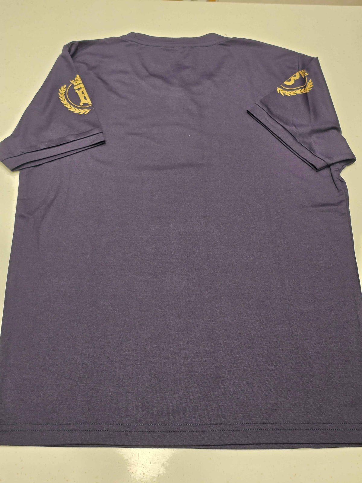 navy blue t-shirt featuring a stylized graphic inspired by the luxury brand Burberry.