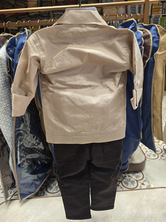 Boys Lycra Cotton 3 Piece Summer Wear Set in Cream with Printed Inner T-Shirt and Black Cargo Pant for Casual and Everyday Wear