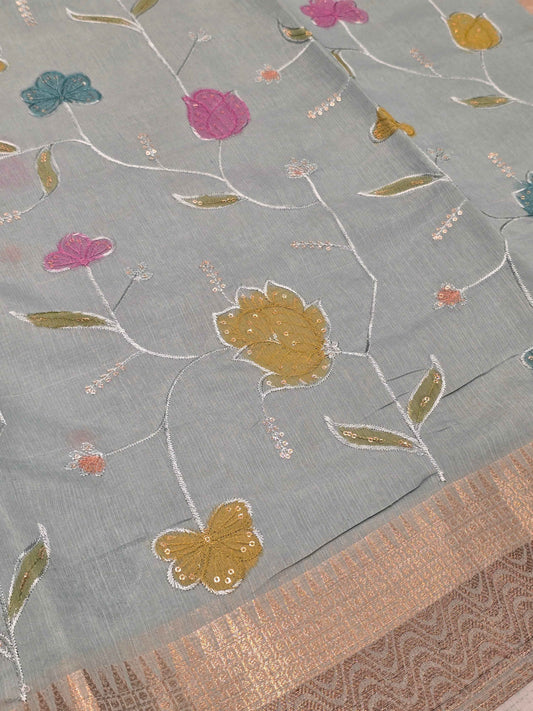 Tussar Saree with Multicolour Embroidery & Sequin