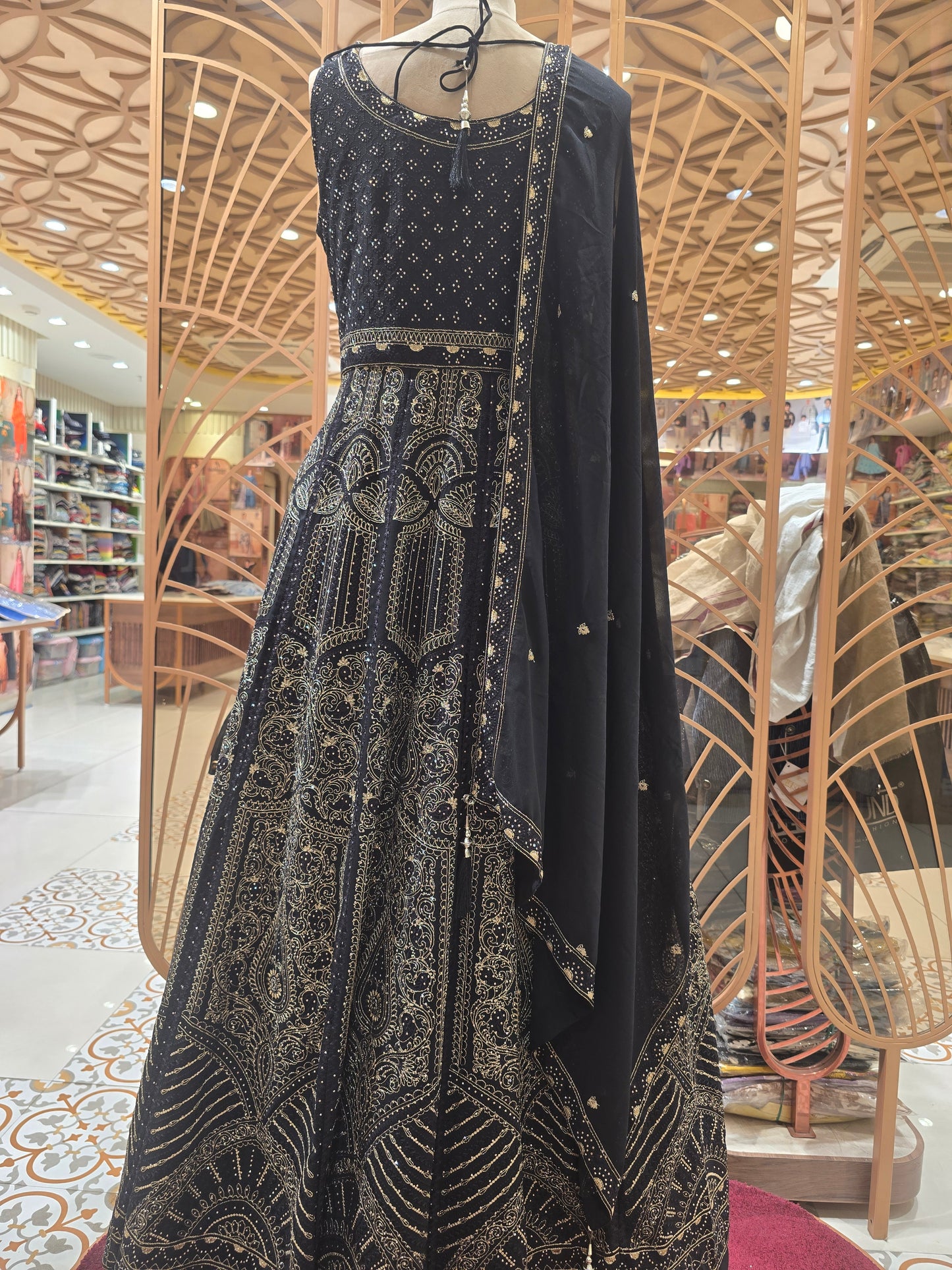 Black Georgette Gown-Style Lehenga with Embroidery & Tikli Stonework | Sleeveless Long Top with Dupatta