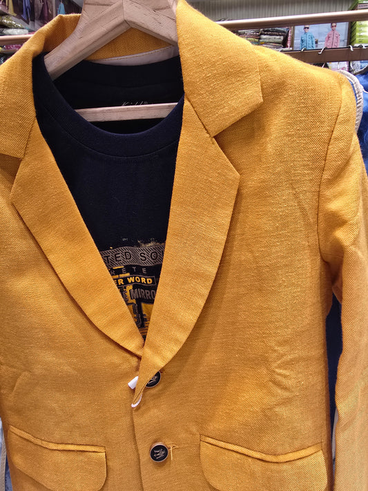 Boys Lenin Cotton Blazer Set in Yellow with Pocket Design and Printed Black T-Shirt for Summer Party and Casual Wear