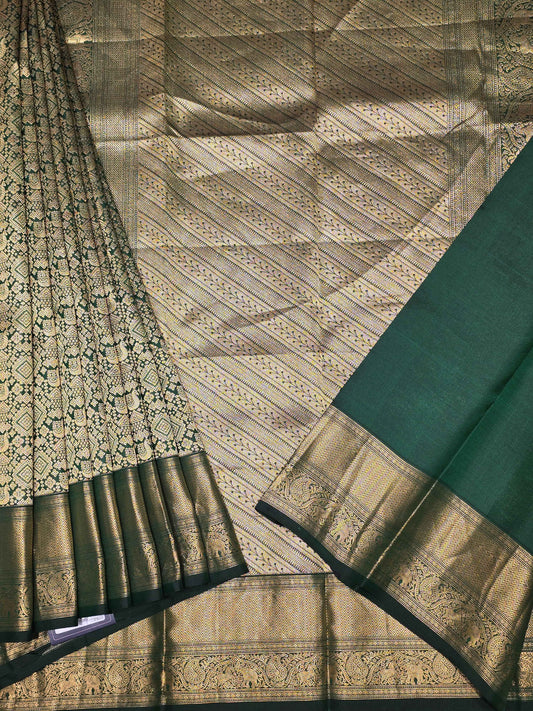 Handloom kanjivaram brocade silk bottle green colour and rich pallu