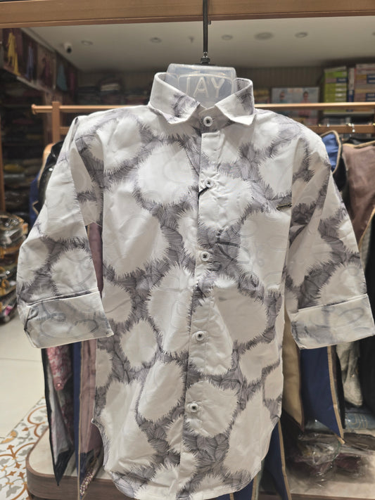 White Cotton Shirt for Boys with Grey Printed Design, Full Sleeves and Classic Collared Neck