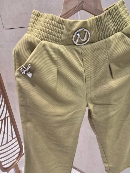 Light Green Stretchable Lycra Pant with Elastic Waist and Stylish Logo