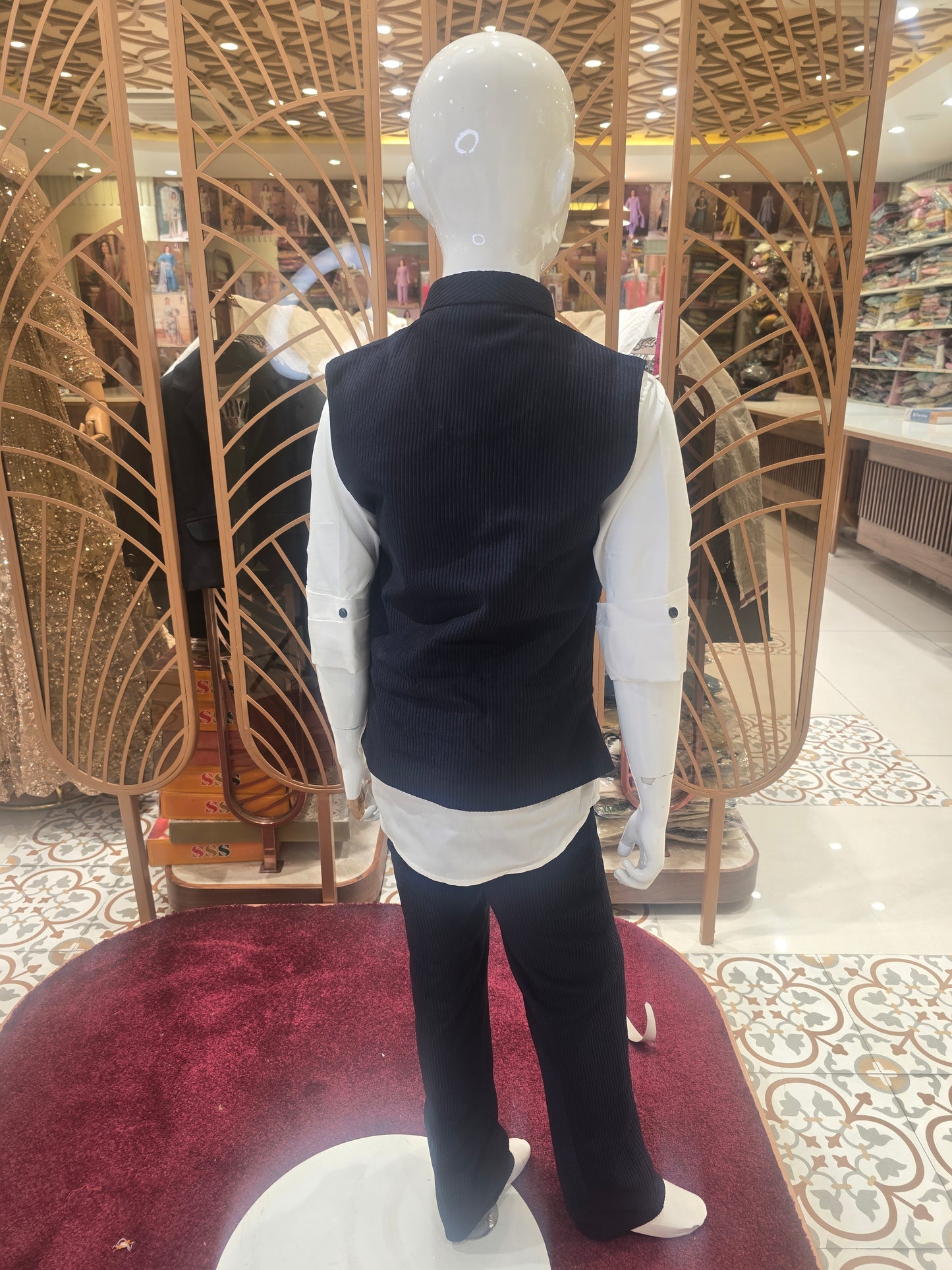 Boys Codroy Cotton Shirt and Pant Set in Navy Blue with Striped Design, Rubber Print Logo with Stone Detailing, White Shirt and Blue Pant for Summer Wear