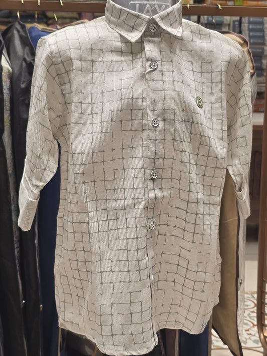 Boy White Green Checked Linen Cotton Shirt